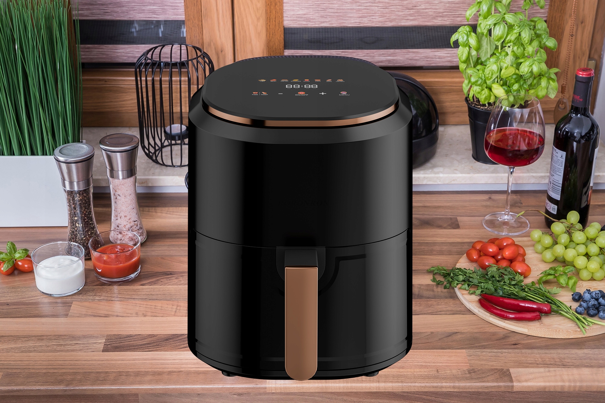 FRYTKOWNICA BEZTŁUSZCZOWA AIR FRYER LINBOX KOLOROWE IKONY CZARNA Funkcje elektroniczny termostat programy automatyczne regulacja temperatury timer